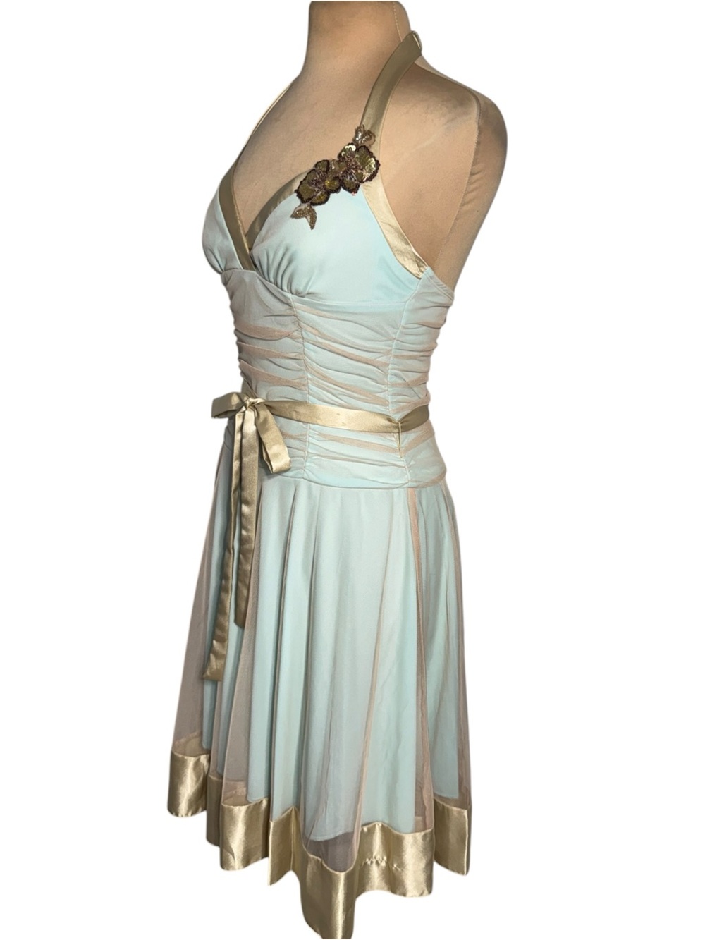 Vintage 90’s Y2K City Triangles Aqua Dress Gold Mesh overlay and trim Fairycore - Picture 6 of 12